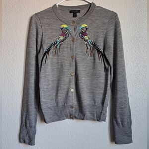 J.crew Gray 100% Merino Wool Embroidered Bird Button Front Cardigan Sweater S